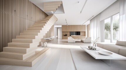 Living room made of light wooden for the cozy home, interior. Generative AI Technology 
