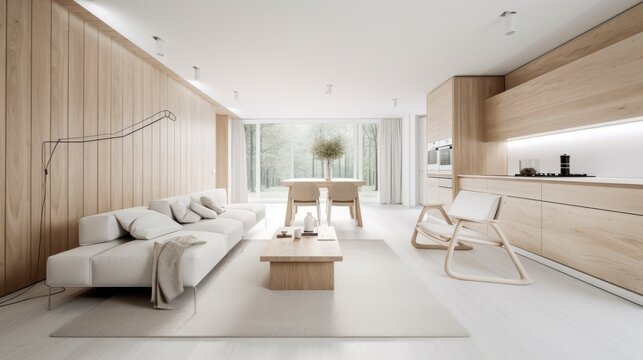Living room made of light wooden for the cozy home, interior. Generative AI Technology 
