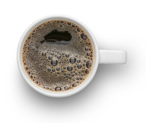 White cup of bubbly coffee, isolated, top view