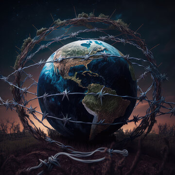 The planet earth is entangled with barbed wire. AI generative illustration.