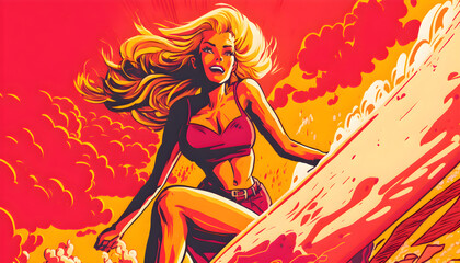 Surfer blonde woman riding a wave on the beach on a sunny day. Retro poster style. Generative AI illustration