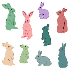 set of colorful cute Easter bunnies, flat illustration, vector clipart