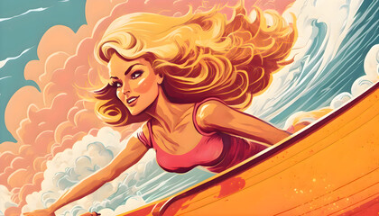Obraz na płótnie Canvas Surfer blonde woman riding a wave on the beach on a sunny day. Retro poster style. Generative AI illustration