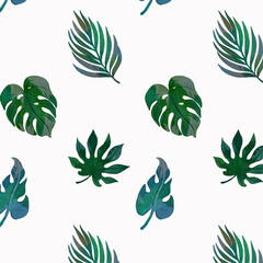 vector seamless pattern tropical leaves with texture, flat