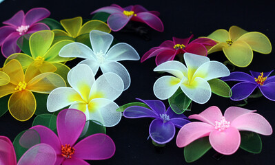 Assorted nylon brooches (hair clips) in the shape of frangipani flowers on a black background