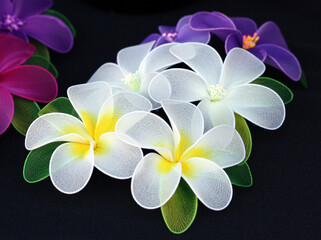 Assorted nylon brooches (hair clips) in the shape of frangipani flowers on a black background