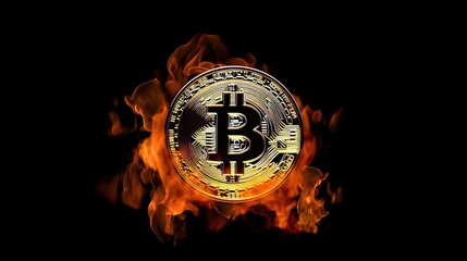 Burning Bitcoin Coin Black Background Fiery Digital Currency Generative AI