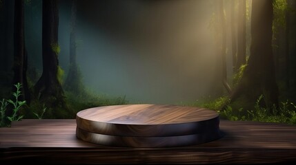 Round Dark Wooden Podium Forest Backdrop Product Showcase Generative AI