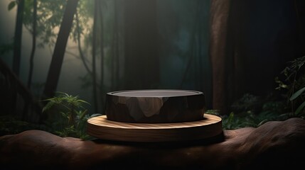 Round Dark Wooden Podium Forest Background Product Mockup Generative AI