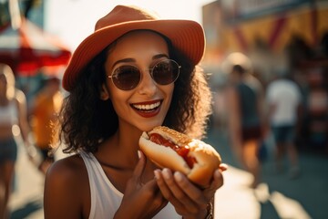 Beautiful young woman having a hotdog. Generative AI - obrazy, fototapety, plakaty