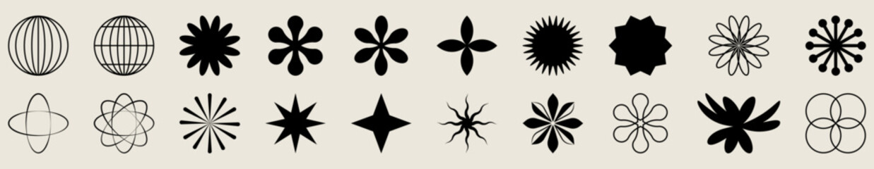 Fototapeta na wymiar Brutalist abstract geometric shapes. Figures, stars, spiral flower and circles. Vector illustration