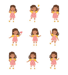 Cute little girl expressing different emotions set. Brunette girl dressed yellow t-shirt and pink sundress showing various face expression and gesturing cartoon vector illustration