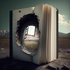 Surreal book with a portal hole in it, fantasy book world generative ai illustration - obrazy, fototapety, plakaty
