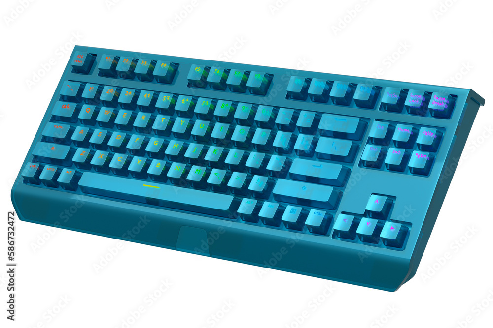 Poster realistic computer keyboard with blue chrome texture isolated on white