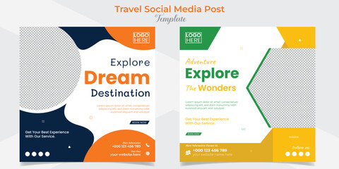 Holiday tourism and travel social media post and square flyer post banner template design set
