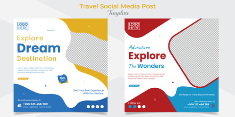 Explore tour and travel social media post and square flyer post banner template design set 