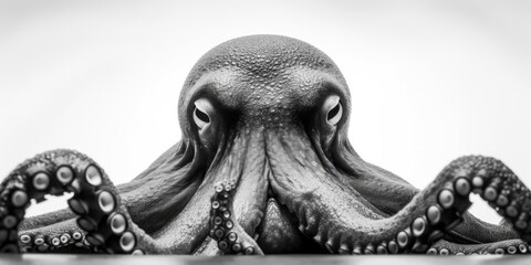 Black and white close up portrait of an octopus facing the camera, light background, Generative AI