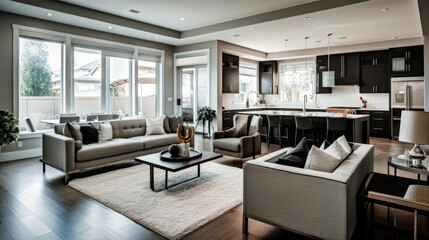 Fototapeta na wymiar White living room and kitchen interior with cozy grey sofa