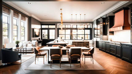 White living room and kitchen interior