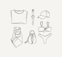 Set of clothes T-shirt, watch, baseball cap, pants, jeans, bag, swimsuit for women vacation look in hand drawing style on light background.