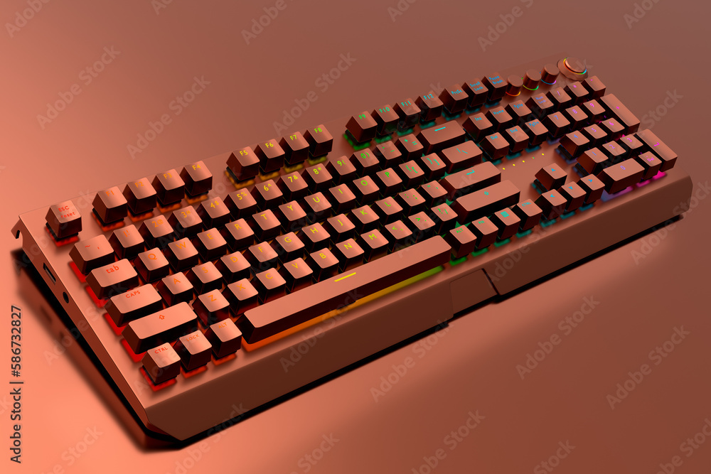 Poster realistic computer keyboard with copper chrome texture isolated on red