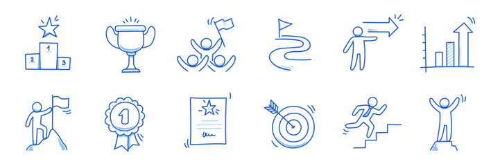 Success business career doodle icon. Success leader doodle line sketch award, certificate, trophy. Career, progress, winner concept icon. Outline editable pen stroke. Vector illustration.
