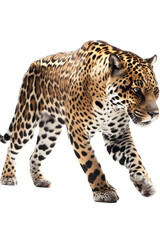 Obraz premium an isolated jaguar side-view, whole body, stalking prey, horizontal, fierce jungle-themed photorealistic illustration on a transparent background in PNG. Panthera onca. Generative AI