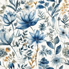 Obraz premium Seamless floral background with Scandinavian style watercolor leaves and wild flowers in blue and red, AI generative