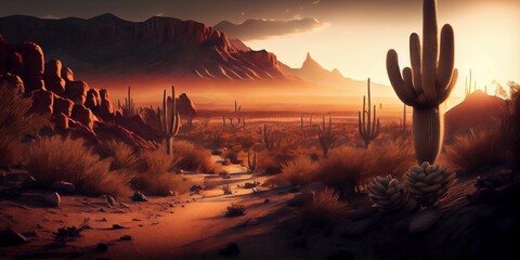 Mexico cactus in a desert landscape background . Ai generative - obrazy, fototapety, plakaty