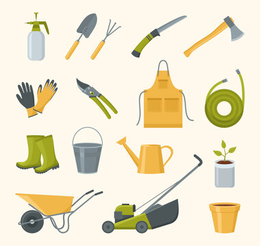A set of garden tools. Gardening equipment and clothing. Vector illustration in flat style