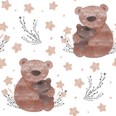 seamless pattern with teddy bears branches and stars, mom and baby