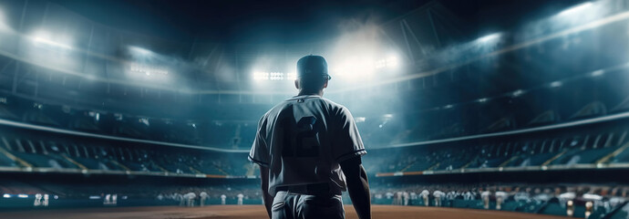 baseball player standing ready in the middle of baseball arena stadium as wide banner with copyspace area - Generative AI - obrazy, fototapety, plakaty
