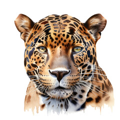 Obraz premium an isolated jaguar jungle cat FACE, FRONT-view portrait, jungle-themed photorealistic illustration on a transparent background cutout in PNG