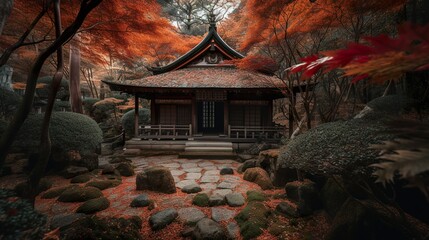 A peaceful scene of autumn maple leaves in front of a traditional Japanese temple. The red, orange and yellow foliage is illuminated by the warm sunlight. AI Generative.