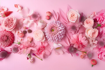 Flowers background pink tones with copy space, card for spring, wedding, greetings and wishes. Generative AI illustration