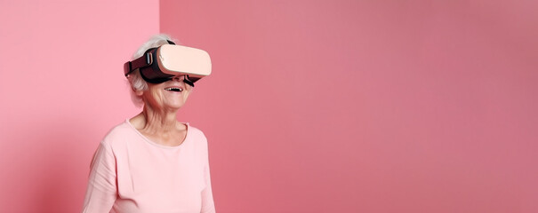 Elderly woman with virtual reality headset on pink background banner with copy space. Generative AI