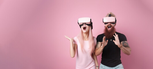 Young millenials couple with virtual reality headset on pink banner with copy space. Generative AI