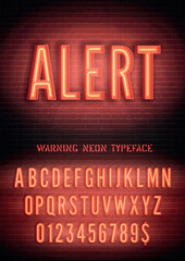 Alert night light box extra glow effect narrow font with numbers on dark brick wall background. Vector red warning neon alphabet