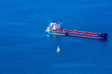 Bulk carrier on Bay of Gibraltar seen from the Upper Rock. UK