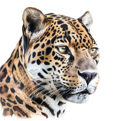 an isolated jaguar jungle cat FACE, FRONT-view portrait, jungle-themed photorealistic illustration on a transparent background cutout in PNG