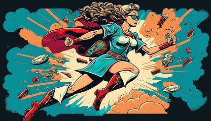 Vintage advertising poster in comic style. Female superhero courier delivering a package while flying through the air, pop art comic style, cartoon style, 3D rendering, colorful detailed shape