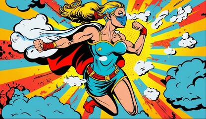 Vintage advertising poster in comic style. Female superhero courier delivering a package while flying through the air, pop art comic style, cartoon style, 3D rendering, colorful detailed shape