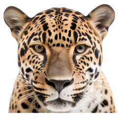 Fototapeta premium an isolated jaguar jungle cat FACE, FRONT-view portrait, jungle-themed photorealistic illustration on a transparent background cutout in PNG