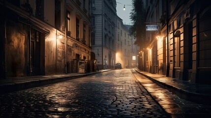 Fototapeta na wymiar A city street or alleyway with the first light of dawn illuminating the buildings, AI generative