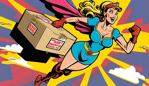 Vintage advertising poster in comic style. Female superhero courier delivering a package while flying through the air, pop art comic style, cartoon style, 3D rendering, colorful detailed shape
