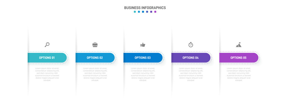 Timeline infographic with infochart. Modern presentation template with 5 spets for business process. Website template on white background for concept modern design. Horizontal layout.