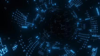 Travel through abstract technology digital tunnel, pipe. Circle shape. Glowing background