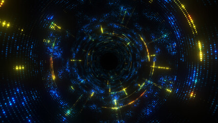Travel through abstract dotted technology digital tunnel. Circle shape.