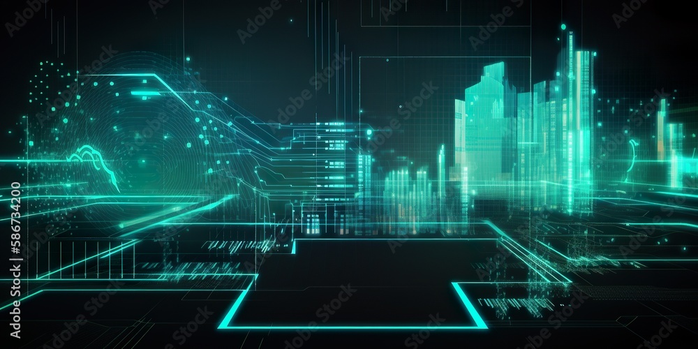 Poster big data technology, futuristic technological abstract background, lines and graphs glowing in the d