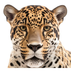 Fototapeta na wymiar an isolated jaguar jungle cat FACE, FRONT-view portrait, jungle-themed photorealistic illustration on a transparent background cutout in PNG